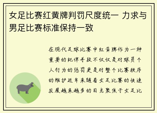 女足比赛红黄牌判罚尺度统一 力求与男足比赛标准保持一致 女足比赛红黄牌判罚尺度统一 力求与男足比赛标准保持一致